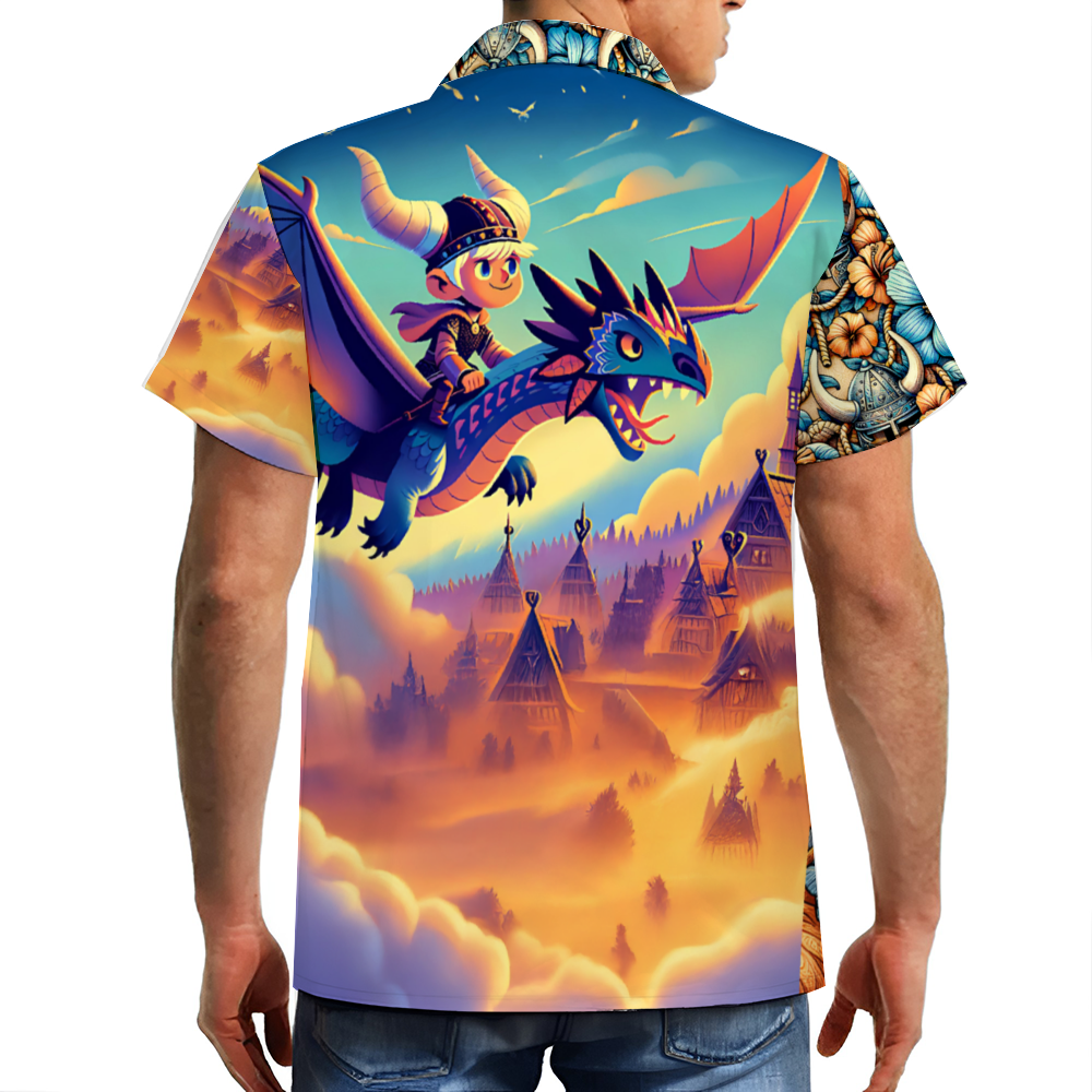 A Viking Boy and His Flying Dragon Hawaiian Short Sleeve Shirt Button Down