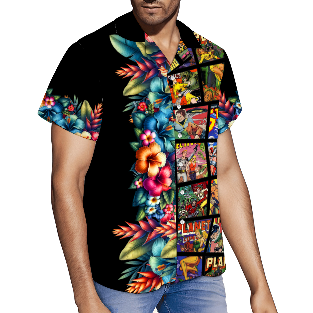 Custom Vintage Sci Fi Black Comic Book Style Hawaiian Black Short Sleeve Shirt Button Down