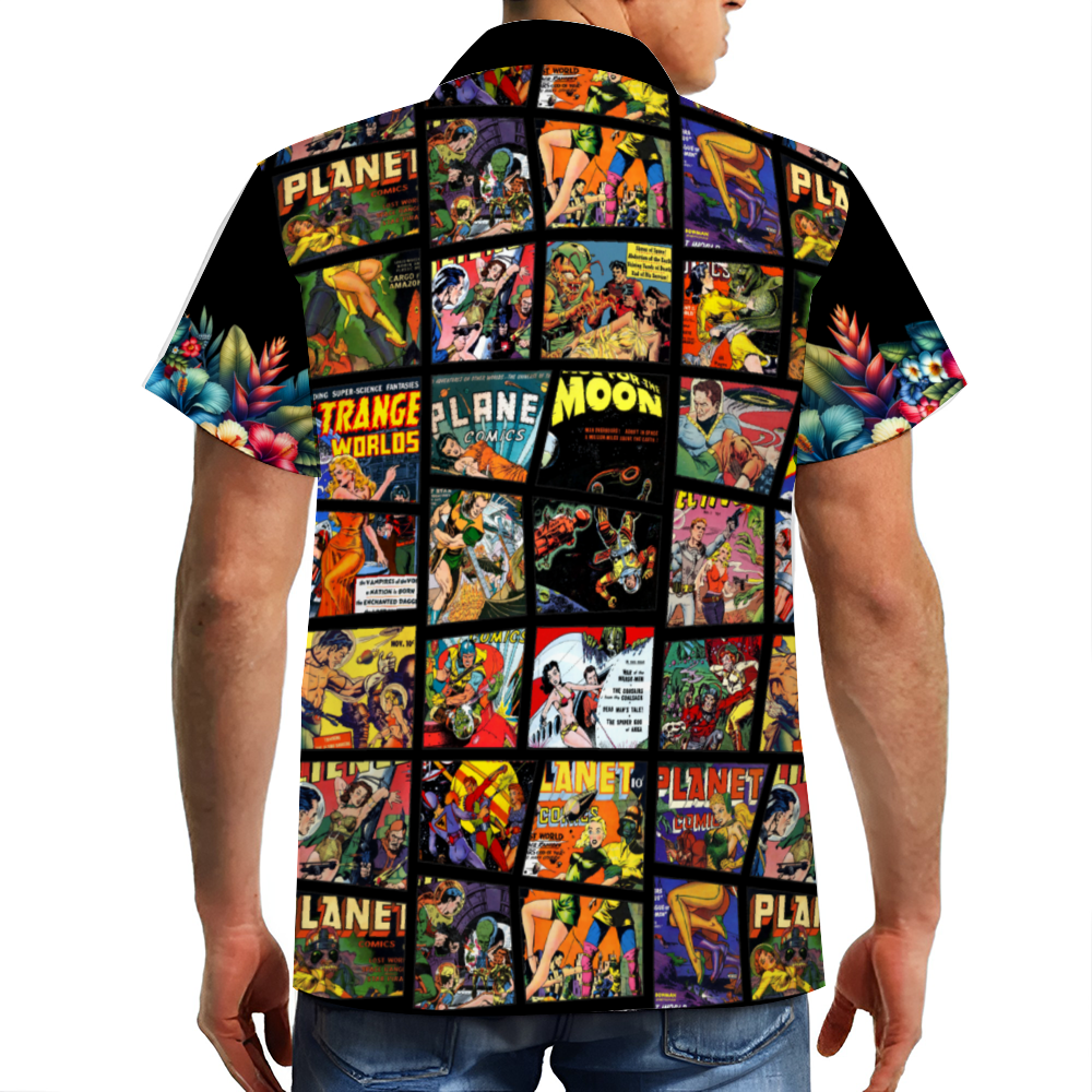 Custom Vintage Sci Fi Black Comic Book Style Hawaiian Black Short Sleeve Shirt Button Down