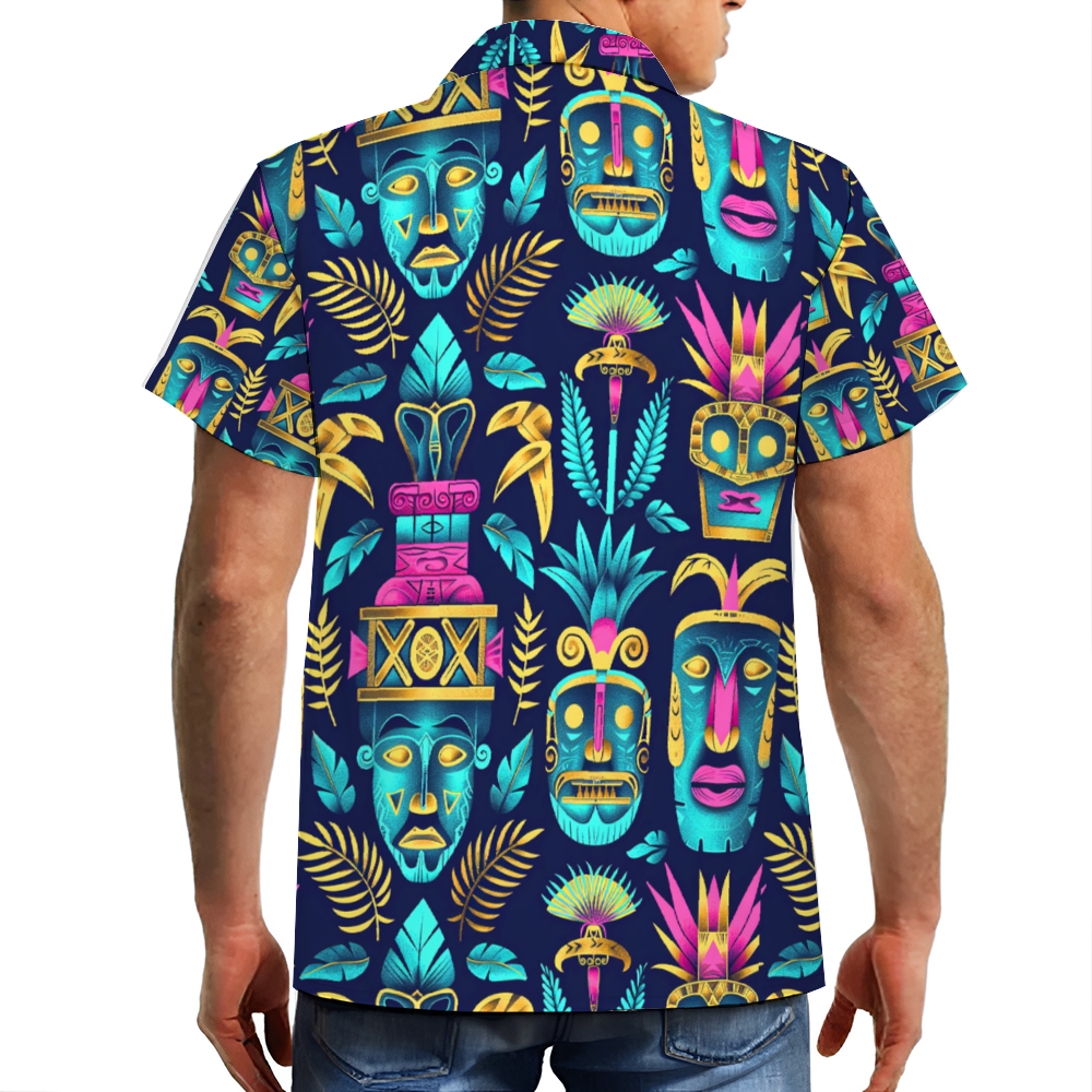 Tiki Mask Dark Short Sleeve Shirt Button Down Beach