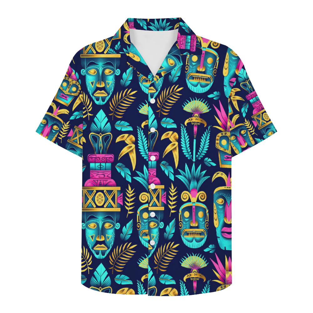Tiki Mask Dark Short Sleeve Shirt Button Down Beach