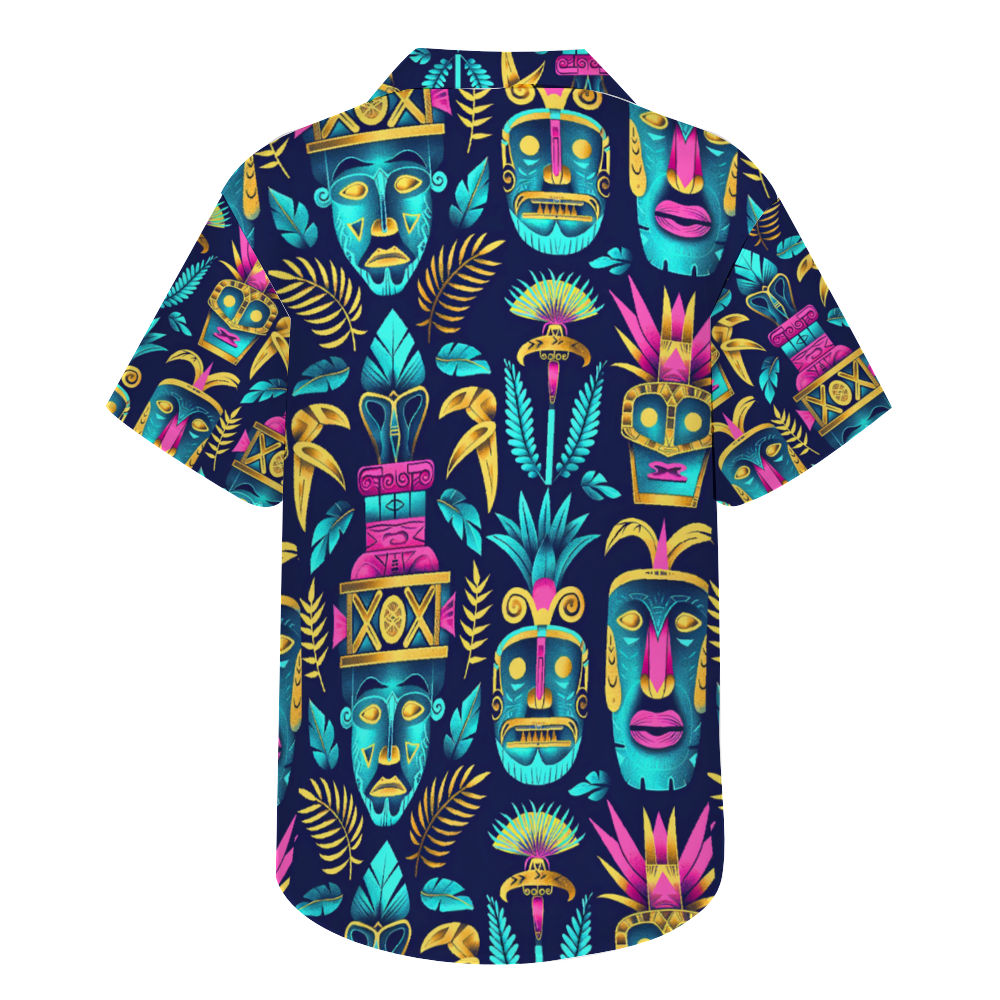 Tiki Mask Dark Short Sleeve Shirt Button Down Beach