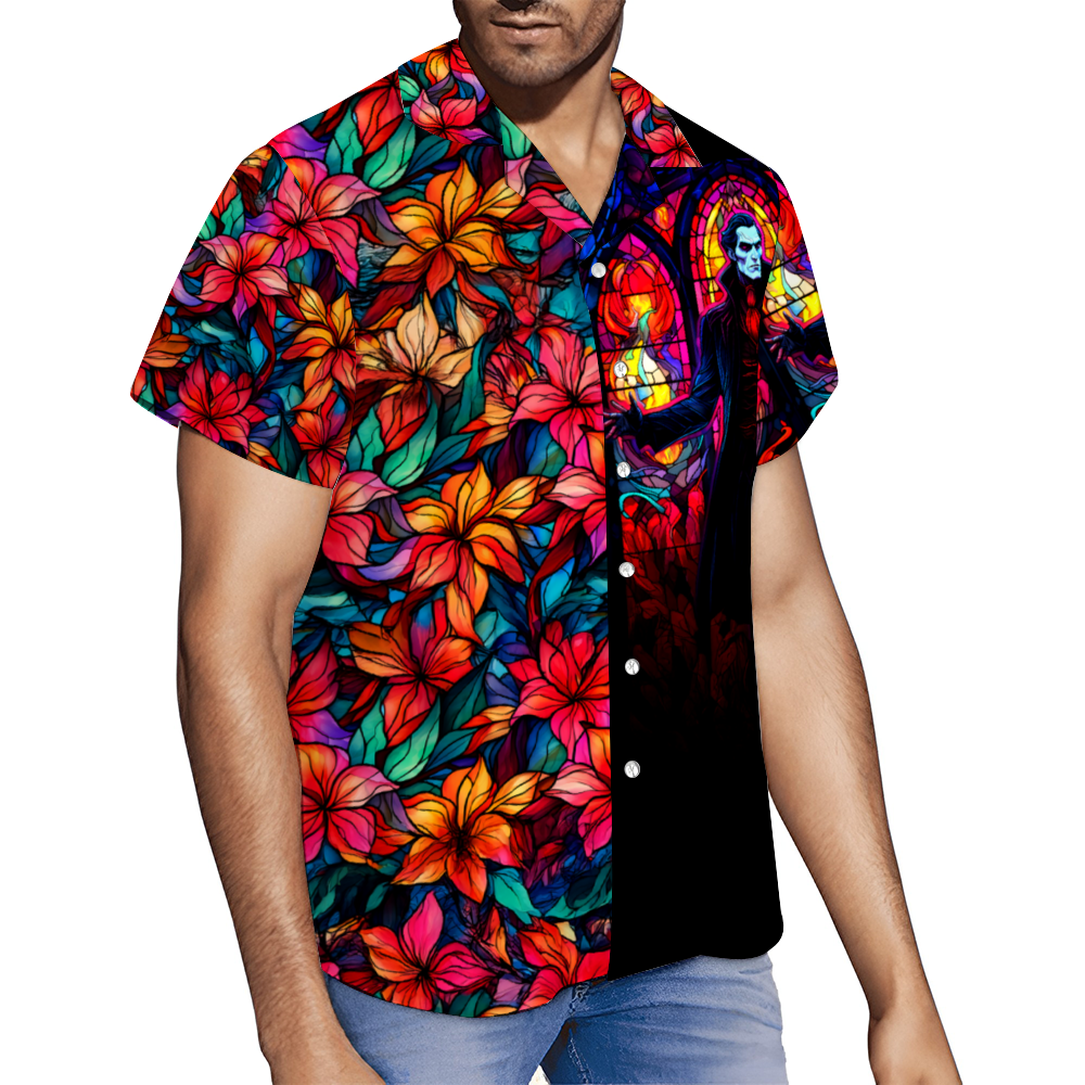Custom Stained Glass DRACULA Short Sleeve Hawaiian Shirt Button Down