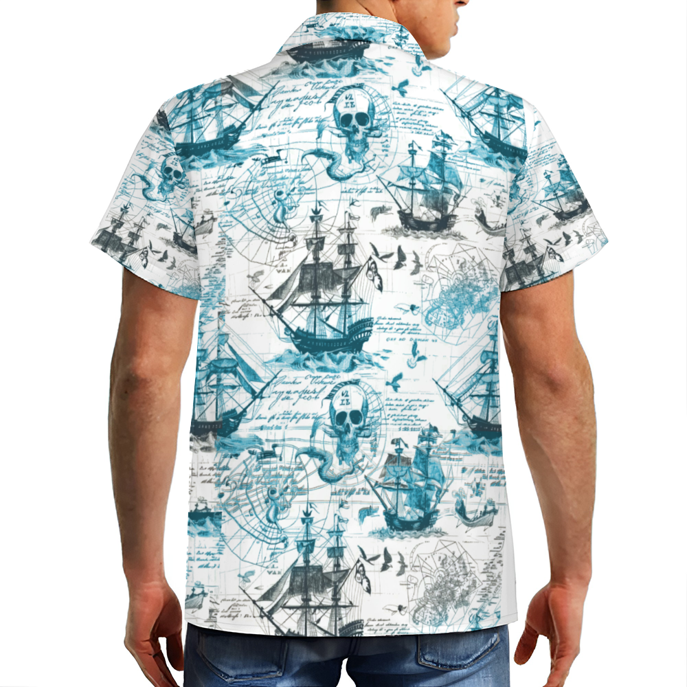 Vintage Skull Pirate Map Short Sleeve Shirts Button Down