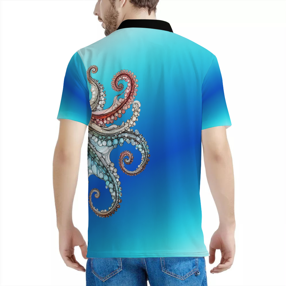 Custom Ocean Blue Octopus Shirt Men's White & Black Classic Polo Shirt