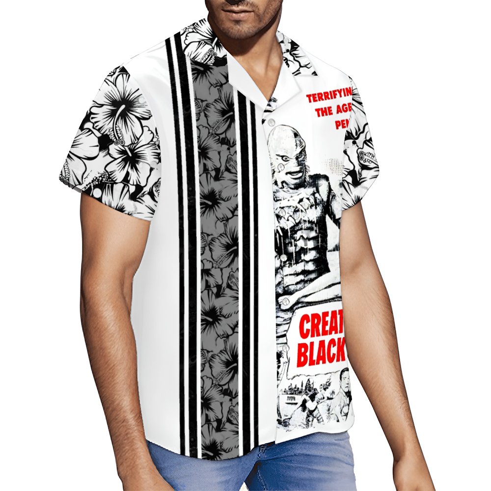 Creature from the Black Lagoon Black and White Hawaiian Short Sleeve Shirts Button Down