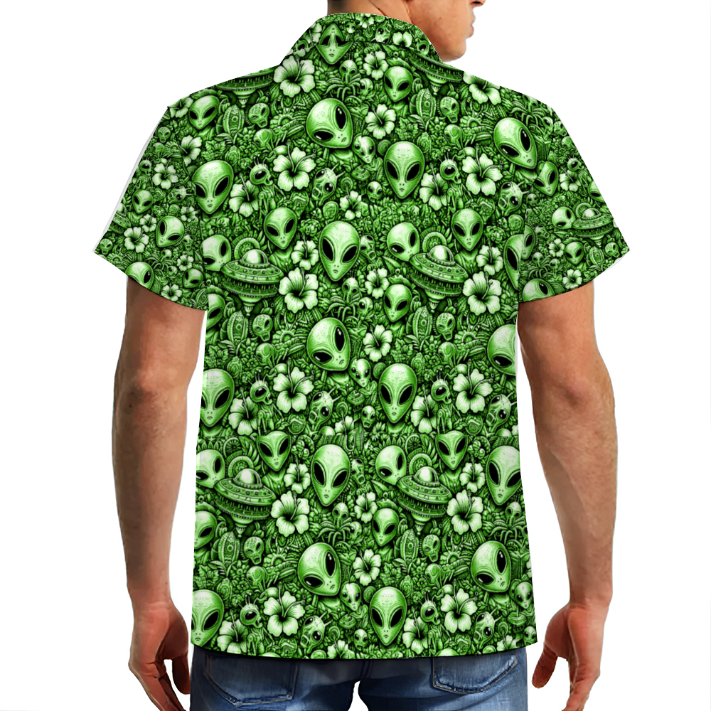 Custom Green Alien Hawaiian Short Sleeve Shirt Button Down