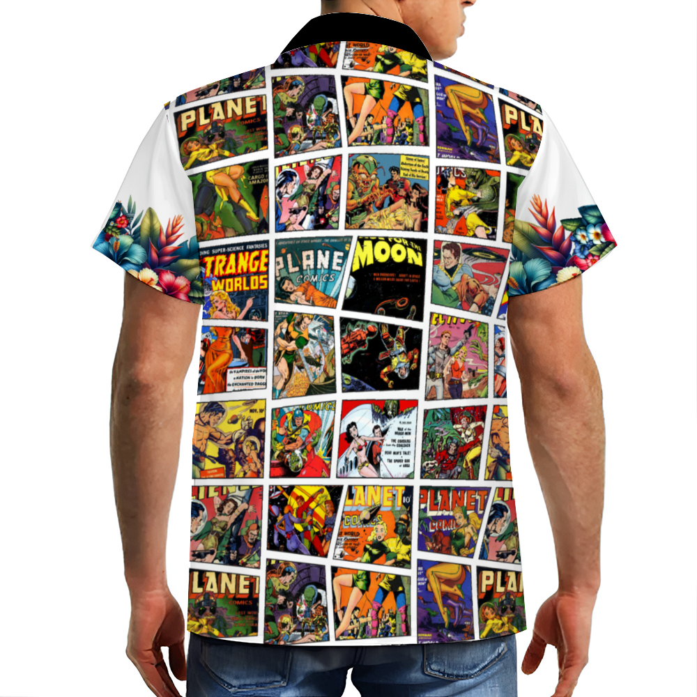Custom Vintage Sci Fi Comic Book Style White Hawaiian Short Sleeve Shirt Button Down