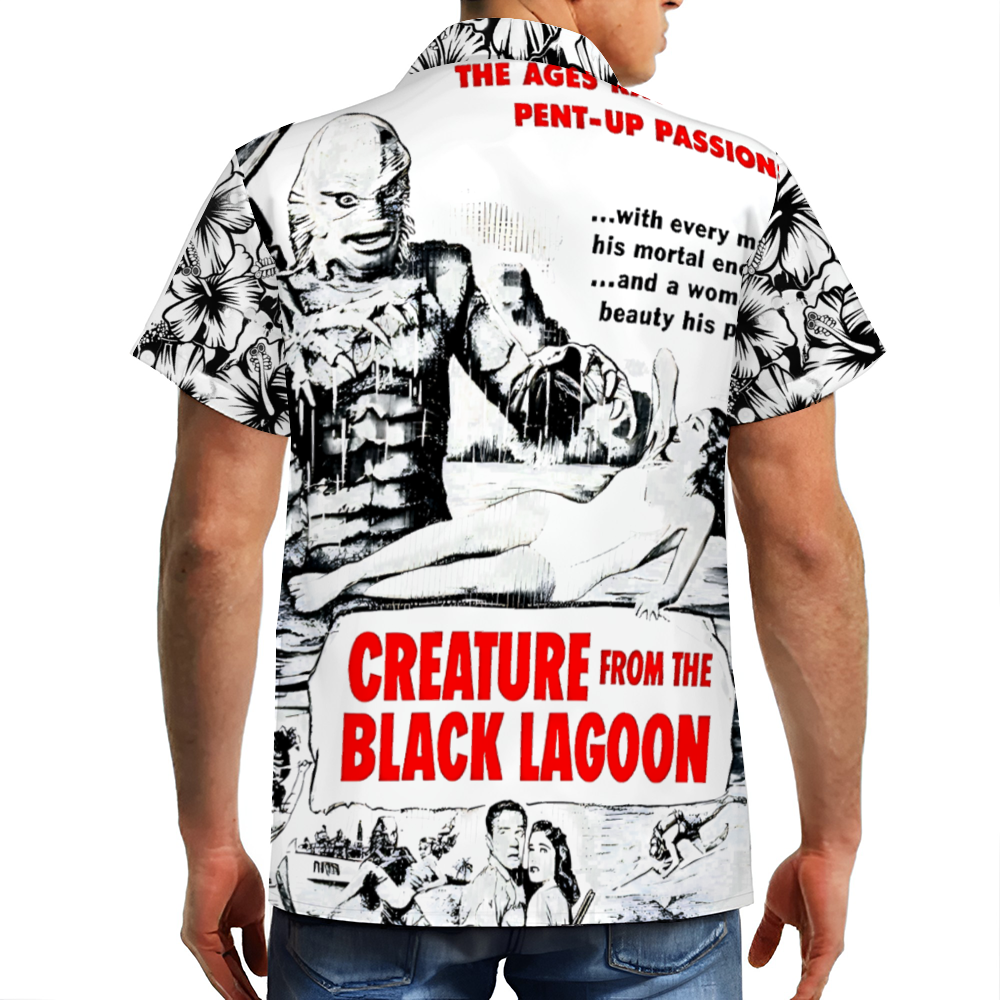 Creature from the Black Lagoon Black and White Hawaiian Short Sleeve Shirts Button Down