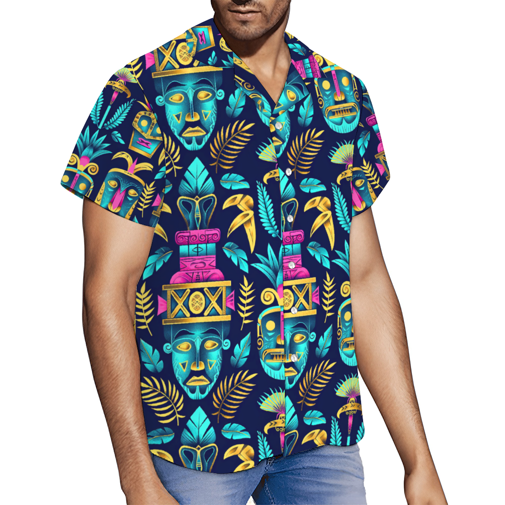 Tiki Mask Dark Short Sleeve Shirt Button Down Beach