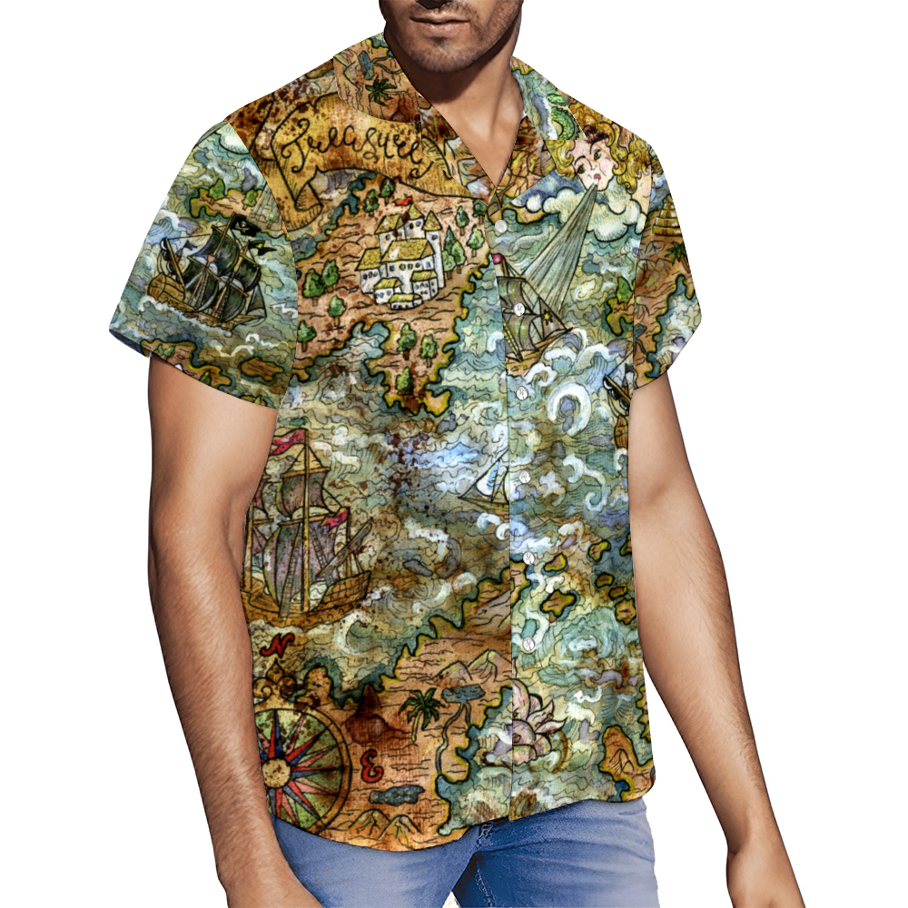 Vintage Pirate Map Caribbean Custom Men's Short Sleeve Button Down