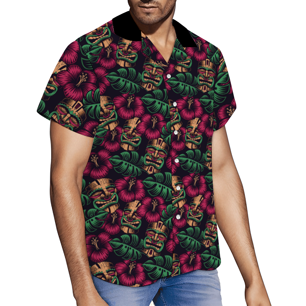 Tropical Tiki Floral Custom Hawaiian Men's Short Sleeve Shirt Button Down