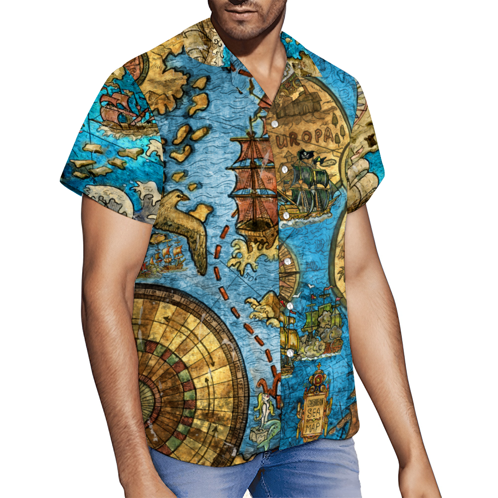 Vintage Pirate Map Custom Men's Short Sleeve Shirt Button Down