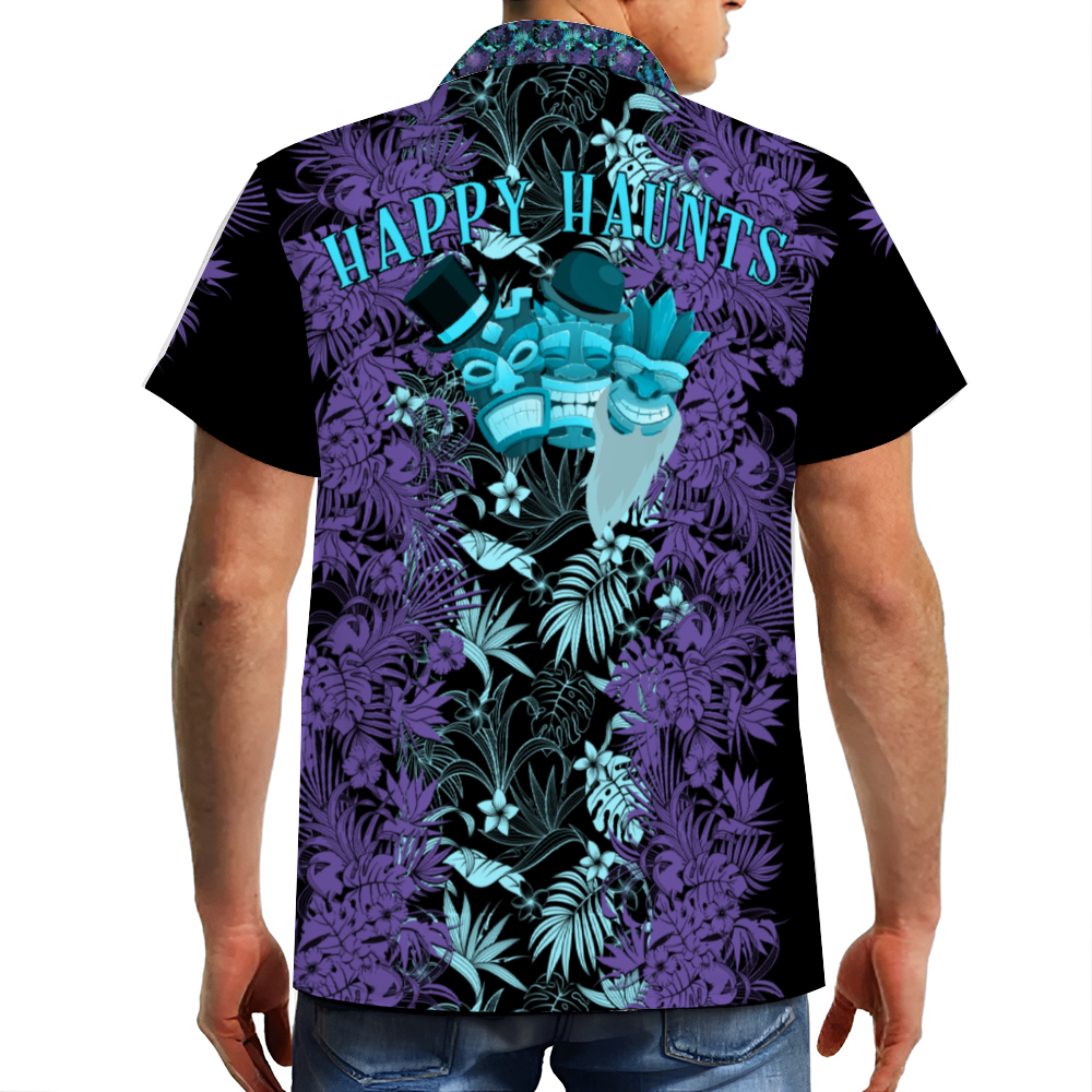Custom Happy Haunts Men's Short Sleeve Hawaiian Shirt Button Down
