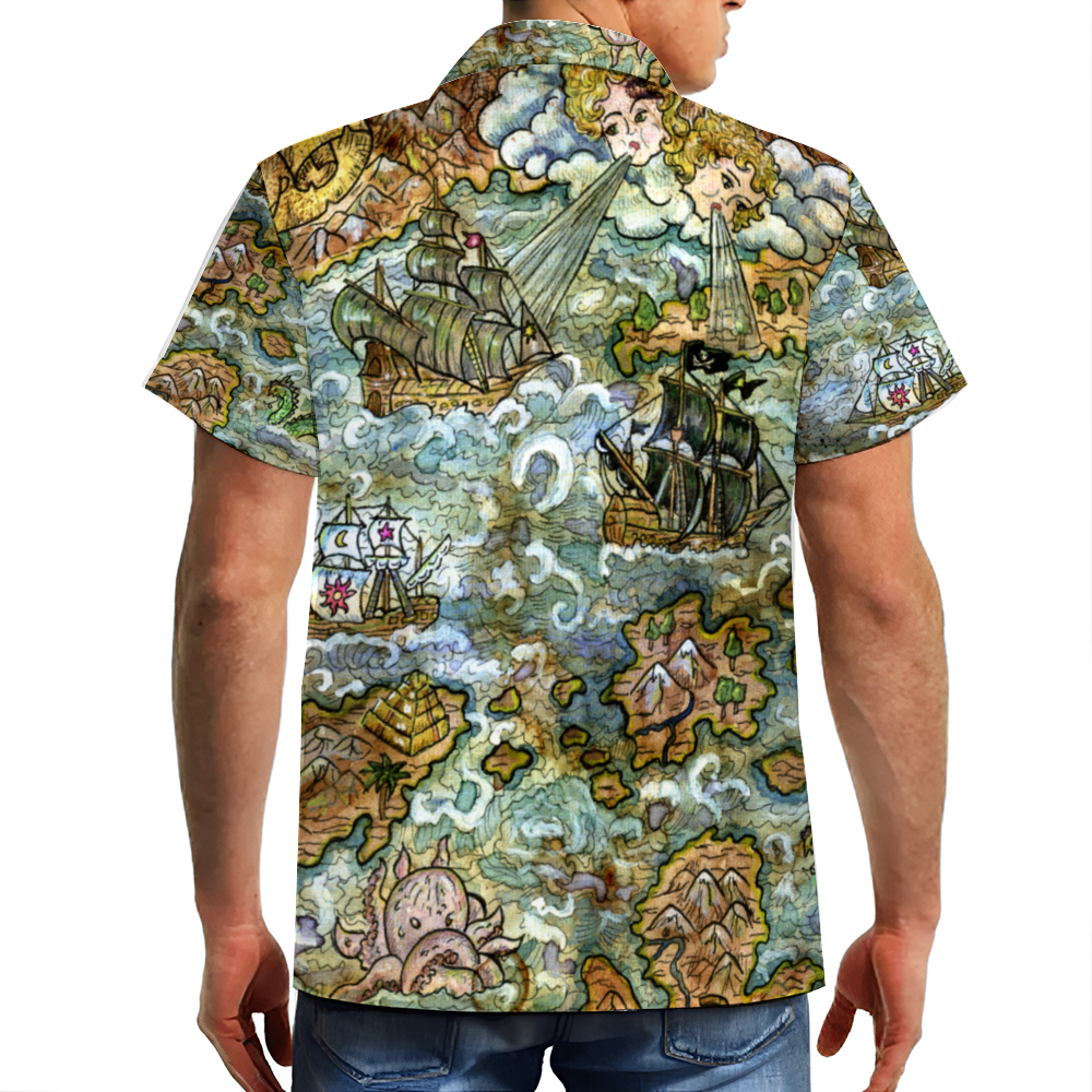 Vintage Pirate Map Caribbean Custom Men's Short Sleeve Button Down