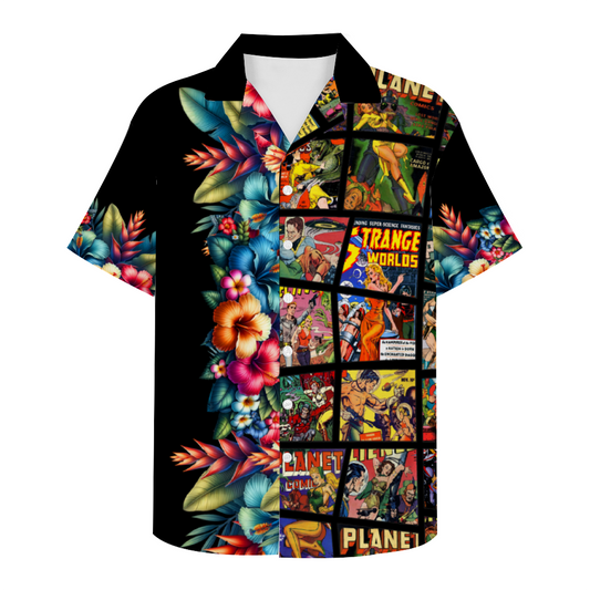 Custom Vintage Sci Fi Black Comic Book Style Hawaiian Black Short Sleeve Shirt Button Down