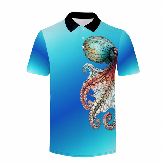 Custom Ocean Blue Octopus Shirt Men's White & Black Classic Polo Shirt