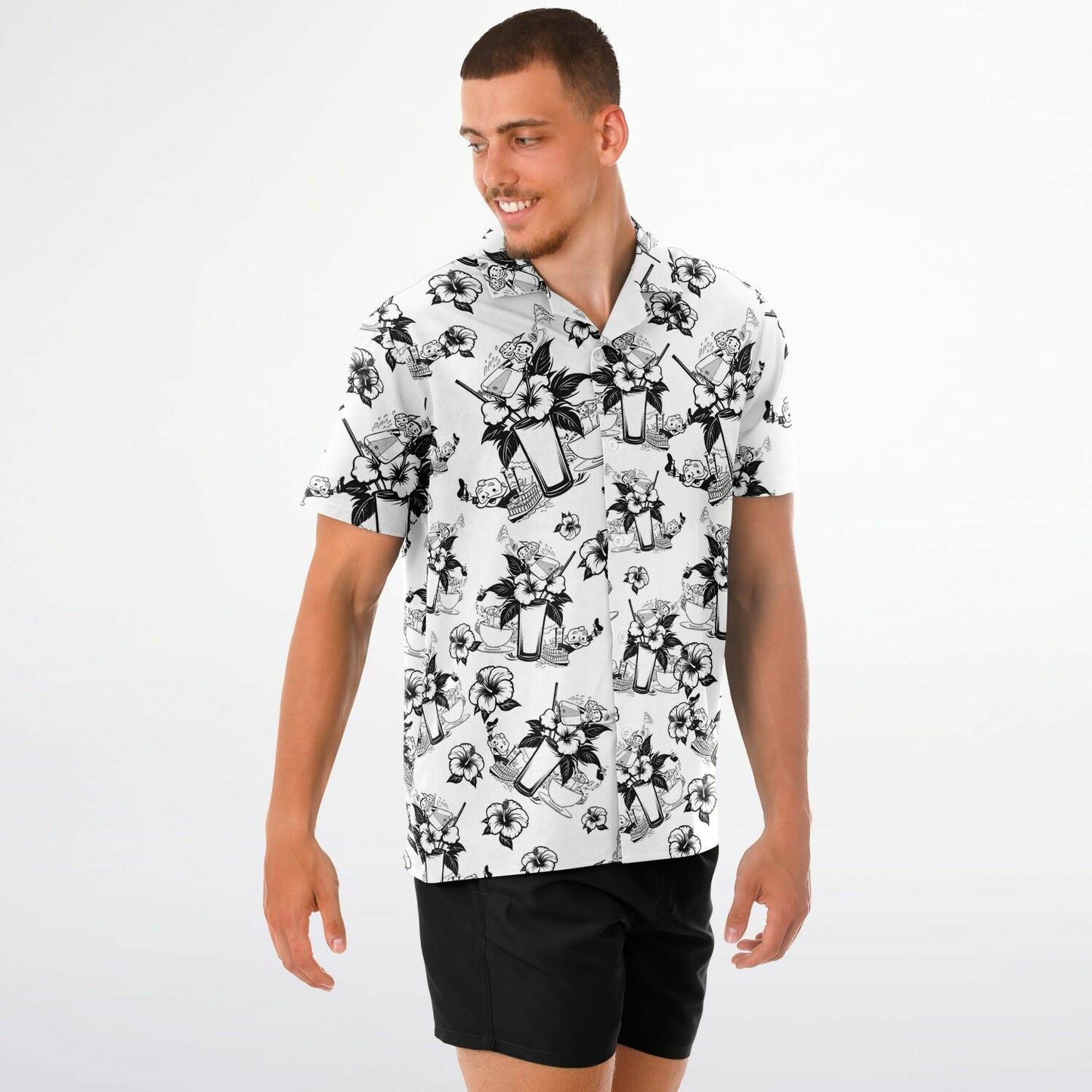 Vintage Cocktail Happy Hour Park Style Short Sleeve Button-Down Hawaiian Shirt