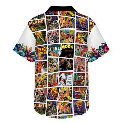 Custom Vintage Sci Fi Comic Book Style White Hawaiian Short Sleeve Shirt Button Down