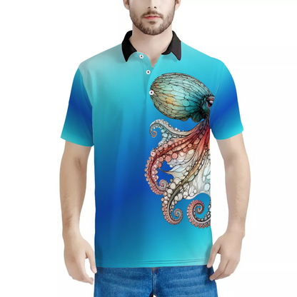 Custom Ocean Blue Octopus Shirt Men's White & Black Classic Polo Shirt