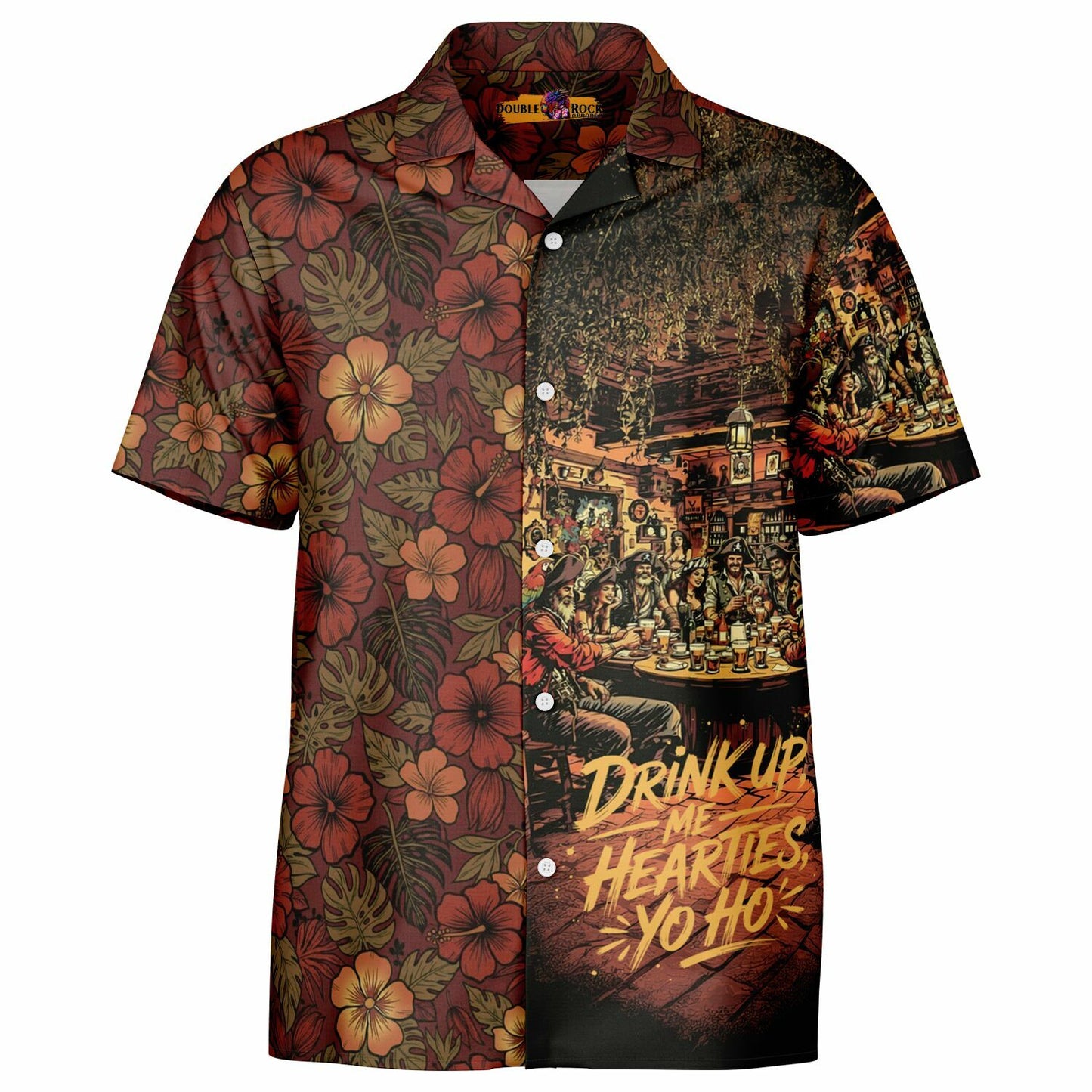 Drink Up Me Hearties Yo-Ho! Pirate Bar Hawaiian Spread Collar Short Sleeve Button-Down Shirt