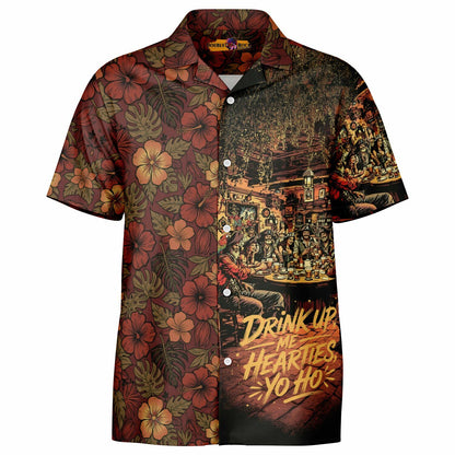 Drink Up Me Hearties Yo-Ho! Pirate Bar Hawaiian Spread Collar Short Sleeve Button-Down Shirt