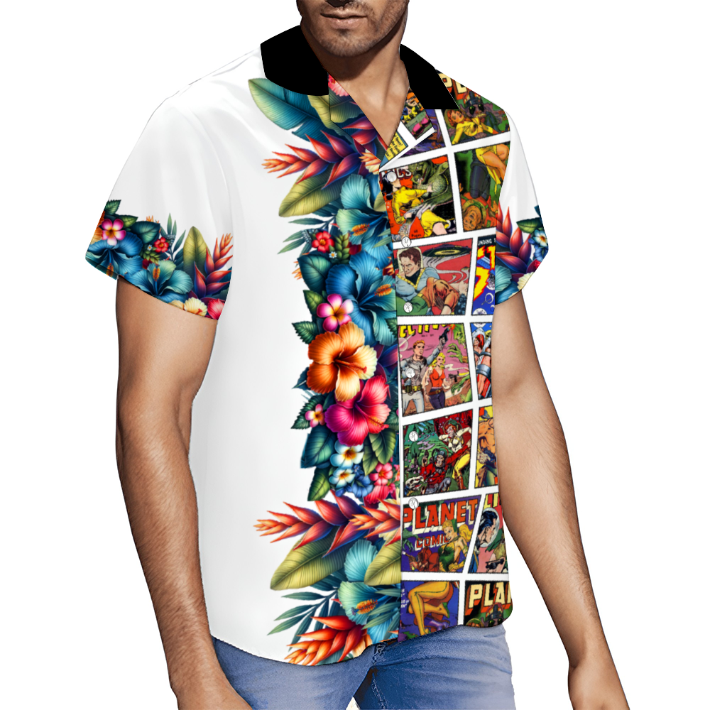Custom Vintage Sci Fi Comic Book Style White Hawaiian Short Sleeve Shirt Button Down