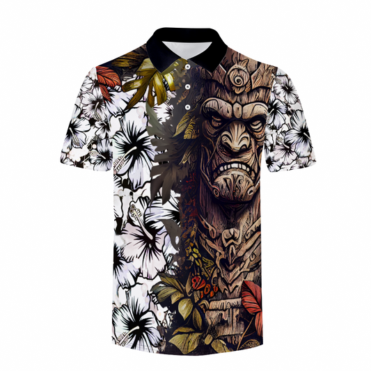 Custom Stone Tiki God Shirt White & Black Classic Polo