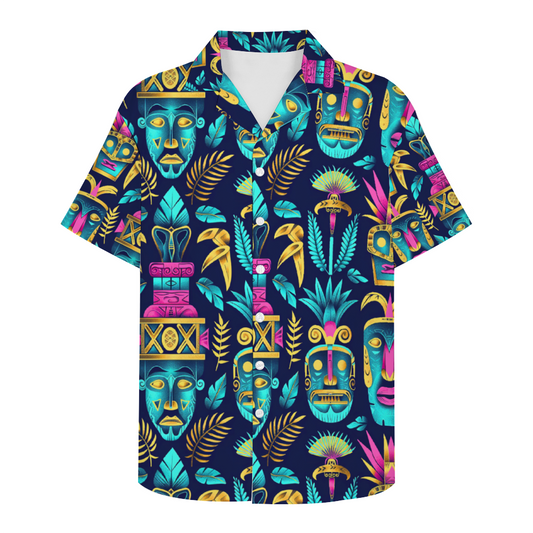 Tiki Mask Dark Short Sleeve Shirt Button Down Beach