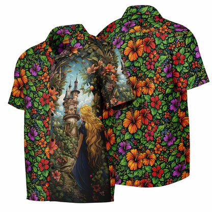Rapunzel Fantasy Tower Hawaiian Button-Down Short Sleeve Shirt