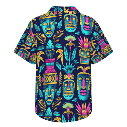 Tiki Mask Dark Short Sleeve Shirt Button Down Beach