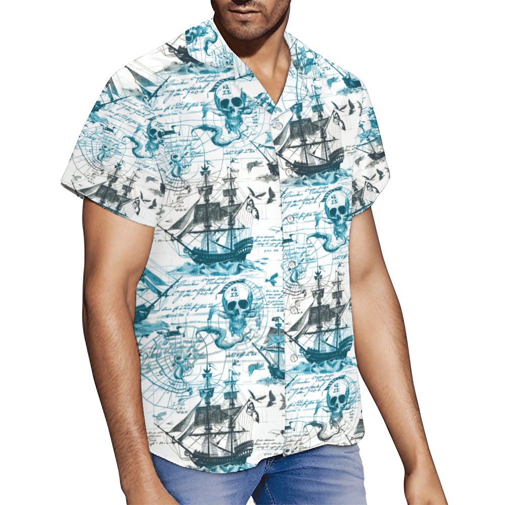 Vintage Skull Pirate Map Short Sleeve Shirts Button Down
