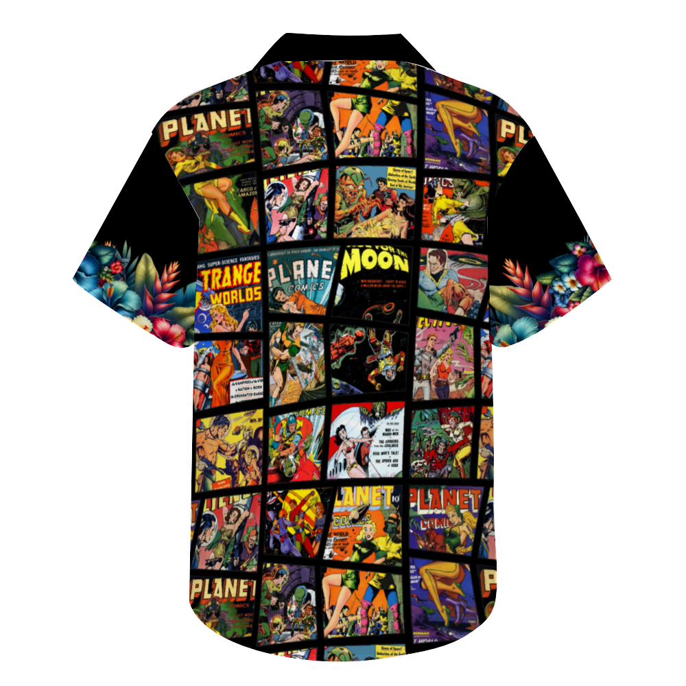Custom Vintage Sci Fi Black Comic Book Style Hawaiian Black Short Sleeve Shirt Button Down