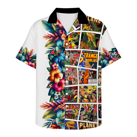 Custom Vintage Sci Fi Comic Book Style White Hawaiian Short Sleeve Shirt Button Down