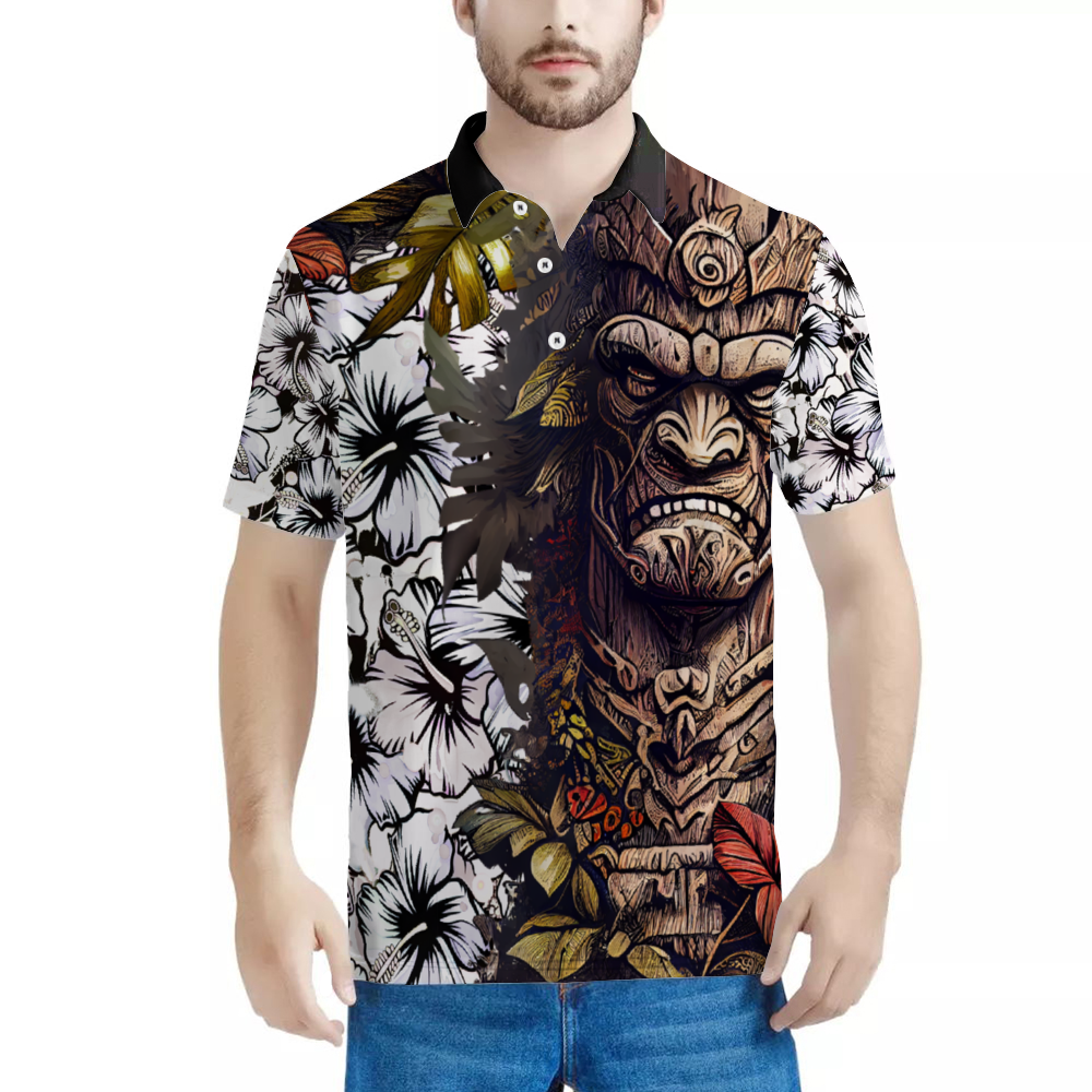 Custom Stone Tiki God Shirt White & Black Classic Polo