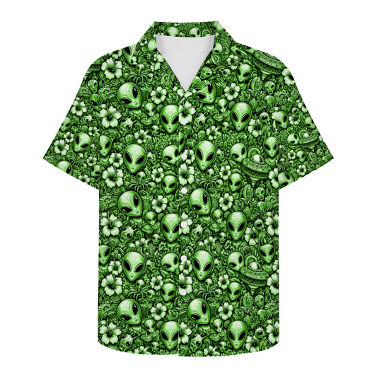 Custom Green Alien Hawaiian Short Sleeve Shirt Button Down