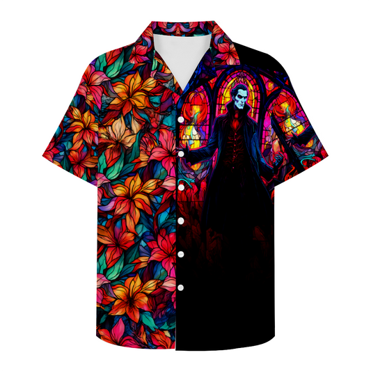 Custom Stained Glass DRACULA Short Sleeve Hawaiian Shirt Button Down