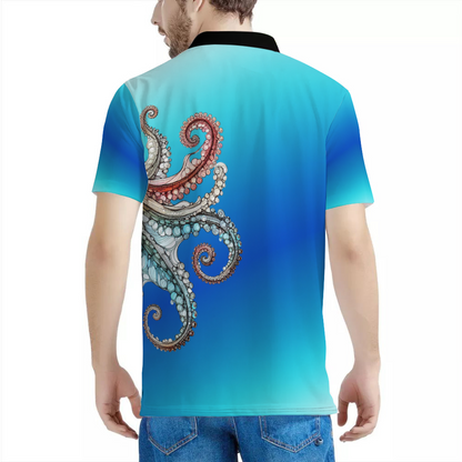 Custom Ocean Blue Octopus Shirt Men's White & Black Classic Polo Shirt