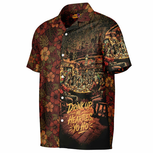 Drink Up Me Hearties Yo-Ho! Pirate Bar Hawaiian Spread Collar Short Sleeve Button-Down Shirt