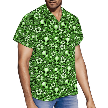 Custom Green Alien Hawaiian Short Sleeve Shirt Button Down