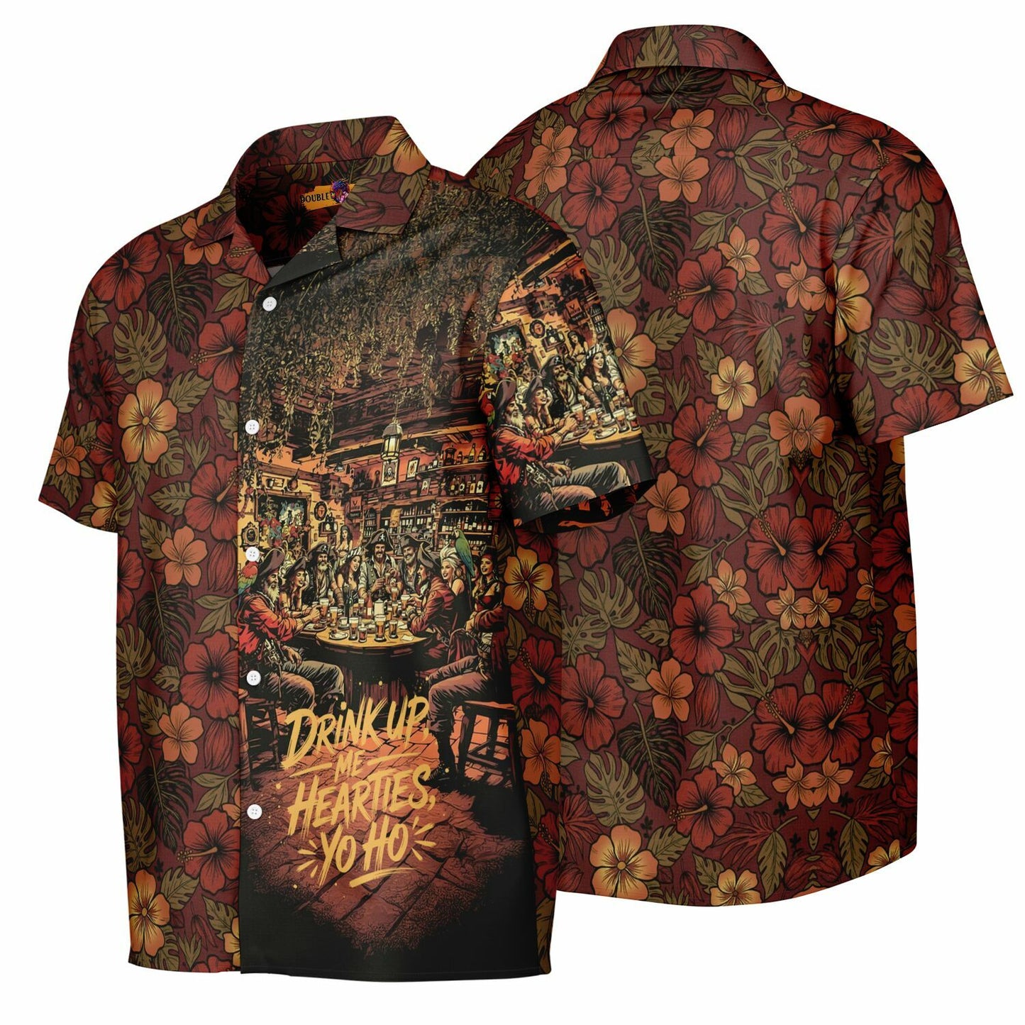 Drink Up Me Hearties Yo-Ho! Pirate Bar Hawaiian Spread Collar Short Sleeve Button-Down Shirt